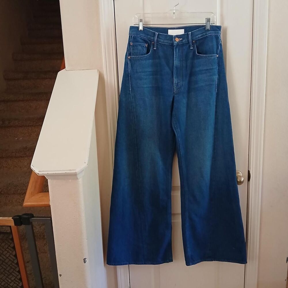 MOTHER Wide Leg Flare Jeans in Deep Blue Denim